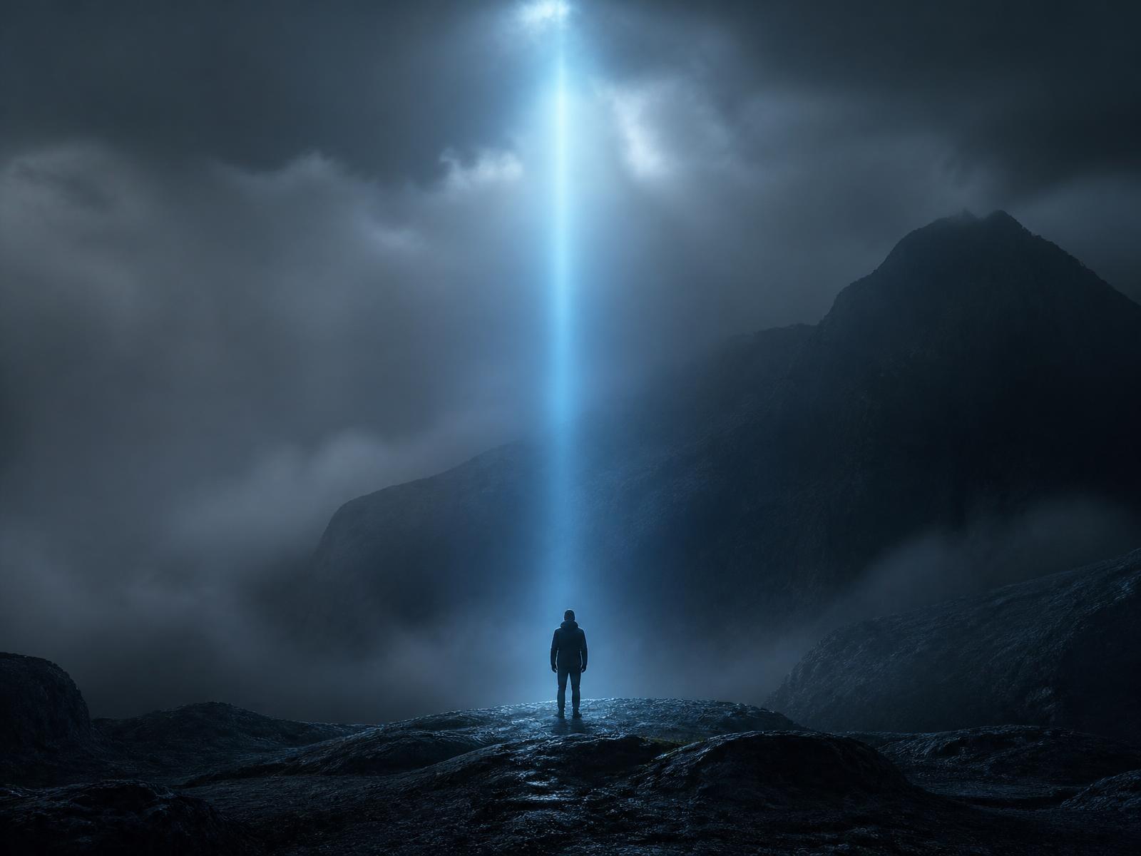 A single beam of light cutting through a dark, storm-covered landscape